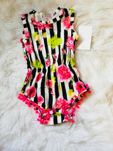 Striped floral pom pom romper